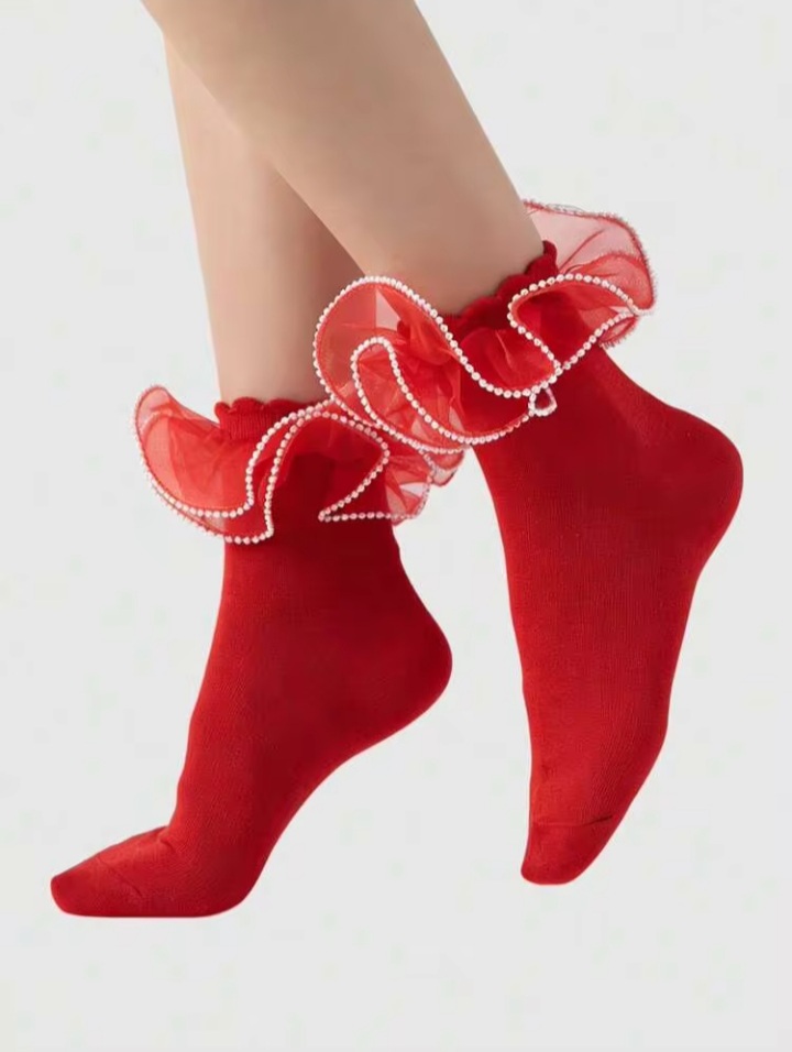 Women’s Red Ruffle Ankle Socks with Sheer Organza Bow & Pearl Trim – Elegant Decorative Frill Socks